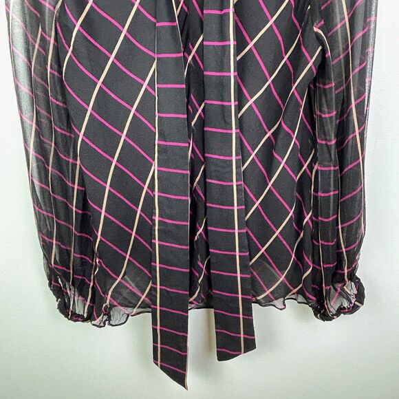 Milly Sioane Windowpane Print Silk Chiffon Top Black Pink Blouse Sheer Sleeves L - Picture 9 of 16